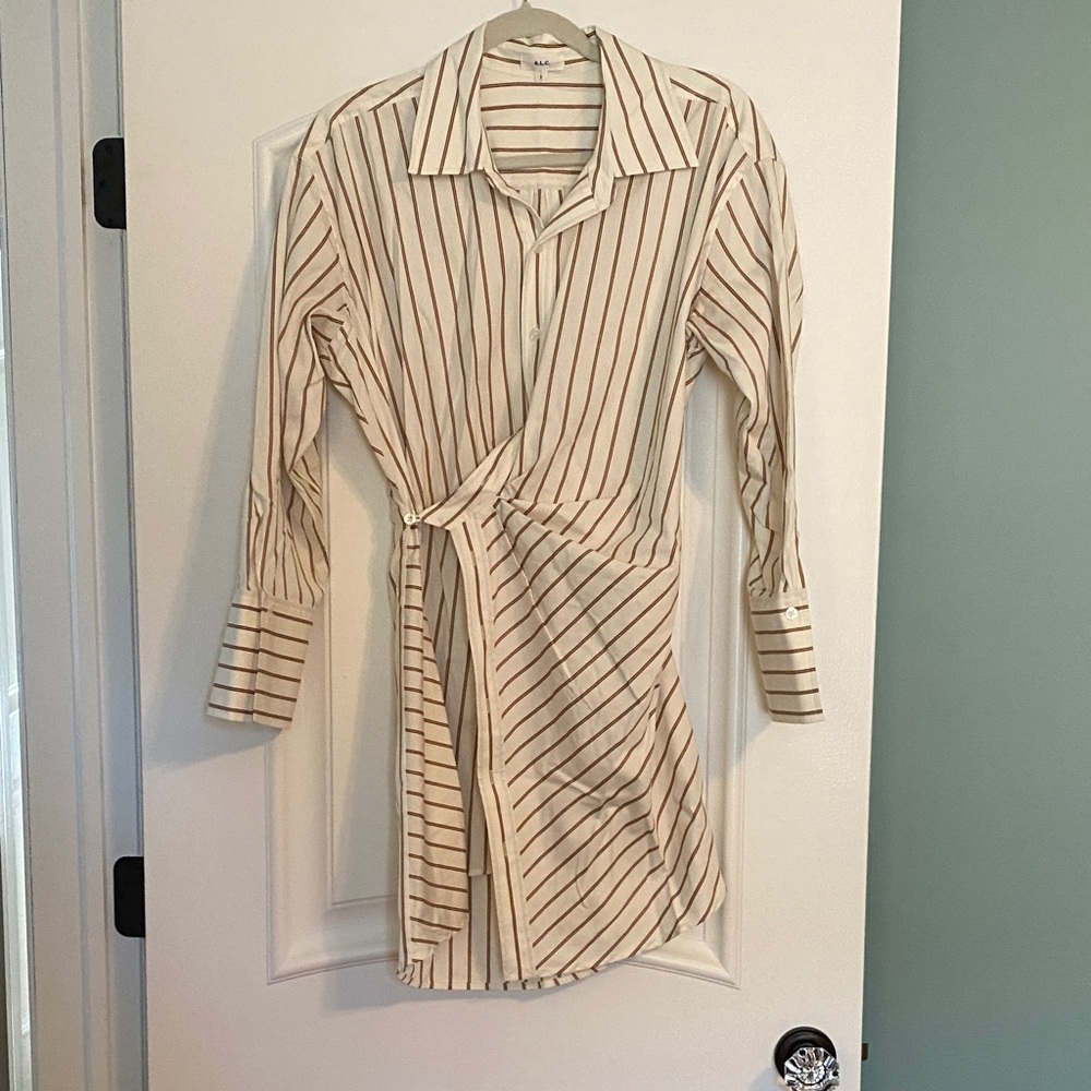 A.L.C. Ivory and Tan Striped Asymmetrical Dress